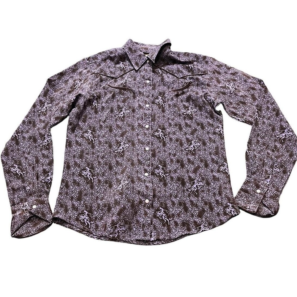 Vintage Wrangler Western Shirt Women S Purple Horse Print Pearl Snap Long Sleeve